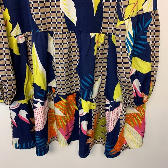 Mini bohemian dress SZ 2X bishop sleeves dropped waist abstract leaf print - Picture 9 of 14